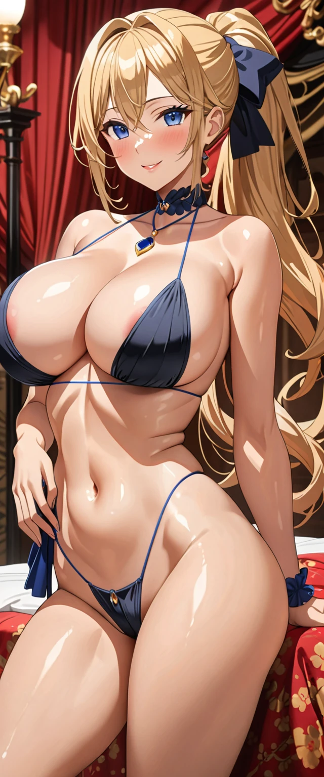 ((masterpiece)), ((Ultra quality)), ((super detailed)), ((high resolution)) ,((8k)), a beautiful woman, ((She is one of the most famous female High-class hostess in the world.)), unparalleled beauty, ((huge breast:1.6)), ((large ass)), ((deep cleavage)), slim waist, chest out, ultra detailed face, perfect skin, (((Hair that reaches down to the neck, Ponytail golden hair))), blue eyes,  detailed eyes, whole body image, sexy, an inviting smile, sensual, (((anime))), ((glamorous)), sexual attraction, 26 years old, ((incredibly beautiful woman)), ((The H cup bust)), ((((sexy pose)))) , (((sex friend))),  (((topless, strings T-back))),  ((beautiful breasts)), beautiful legs, 8 life size, anime, the most beautiful and strongest, ((charm)), ((Half Japanese and half British)), ((Grown-up face)), Late night bedroom, ((Secret meeting)), Affair, Exuding sex appeal, (((Enjoying a rendezvous on the bed))), diagonally, squeeze, ((Top-down view)), ((Pubic Hair, wet)),