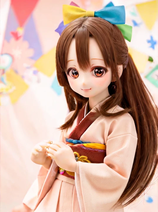 (masterpiece, best quality:1.2), cowboy shot, solo, 1girl, 95-tan, smile, looking at viewer, own hands together, long brown hair, hair bow, japanese clothes, pink kimono