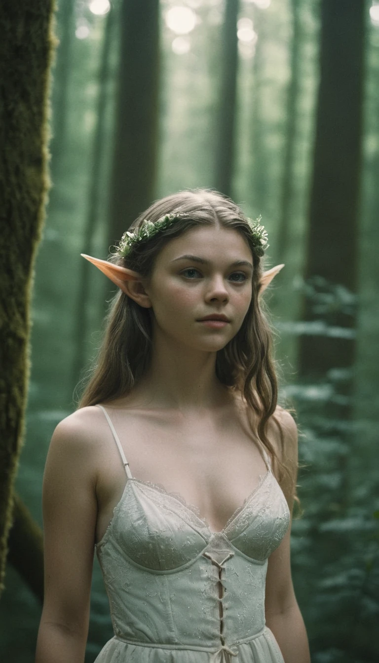 analog film photo, photo of a young elf girl, 18 years-old, elf, elf ears, long pointy ears, dark shaggy hair, sun-kissed complexion, goosebumps, pretty, natural beauty, tall, full hourglass figure, wearing a cotton bralette, posing in a misty forest, resembles Natalie Dormer, RAW Photograph, dslr, soft lighting, high quality, film grain, Fujifilm XT3, detailed skin with visible pores, insane details, masterpiece, 8k, 35mm photograph, dslr, kodachrome, faded film, desaturated, grainy, vintage, Lomography, stained, highly detailed, found footage, close-up shot, elven ears