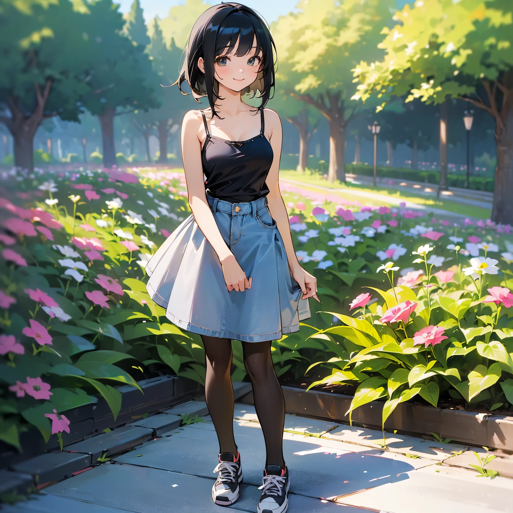 (high quality, High resolution, Very detailed, reality:1.37), Peaceful atmosphere, (Outdoor, garden), age girl standing alone, (my breasts are big.), Beautiful details, Cute Smile, (Black bob hair), camisole, Denim skirt, Black tights, sneakers.