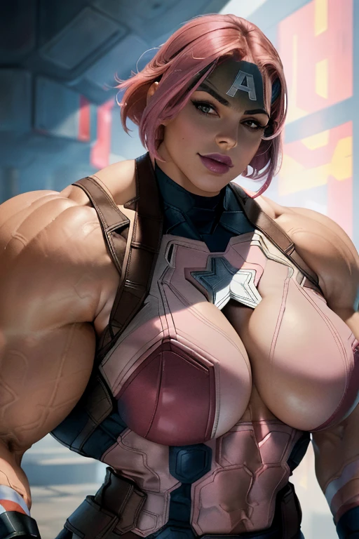 (((Close-up))), tall, (shocking pink hair) beautiful muscular woman, angled bob cut, light brown skinned, (closed smile), large , (black lipstick), (massive muscles), (hyper muscle), (((ginormous bulky muscles))), red eyes, (((pink captain America suit))), (Captain America pants), choker, boots, on the rooftop at night, 