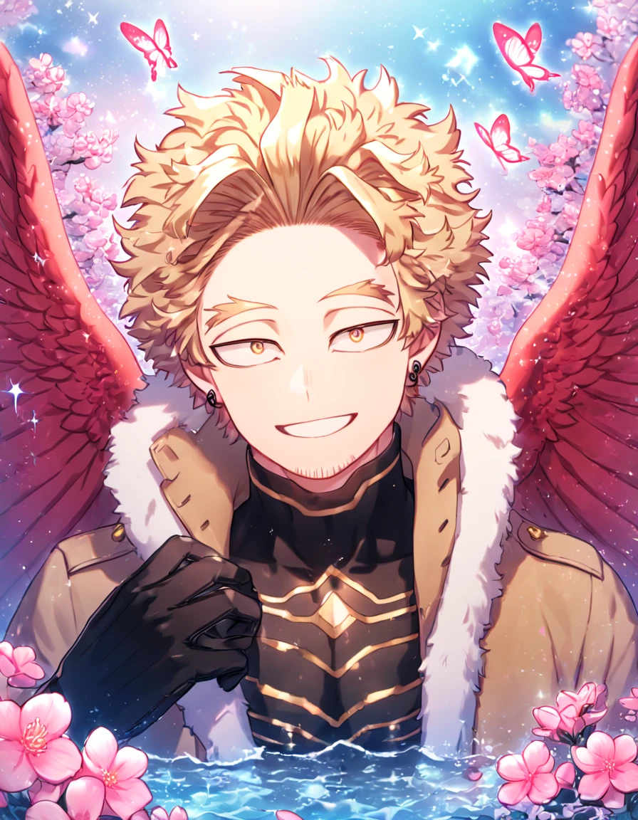 absurdres, highres, ultra detailed, HDR, master piece, best quality, Hawks, ash-blonde hair, expressive golden-brown eyes, faint stubble, red wings, Boku No Hero Academia, solo, sexy man, handsome, smile, brown jacket with fur collar, black tight shirt with patterns, black gloves, red piercing, water, fantasy, magical, shining, pink flowers, pink blossoms, pink petals, pink butterflies, sparkling glass