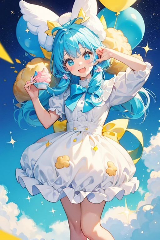 A cream puff cat filled with white cream, decorated with icing on top and sky blue, bubblegum, and yellow sprinkles. She makes an excited expression and wears a sky blue bow. SPARKLE; GLITTER