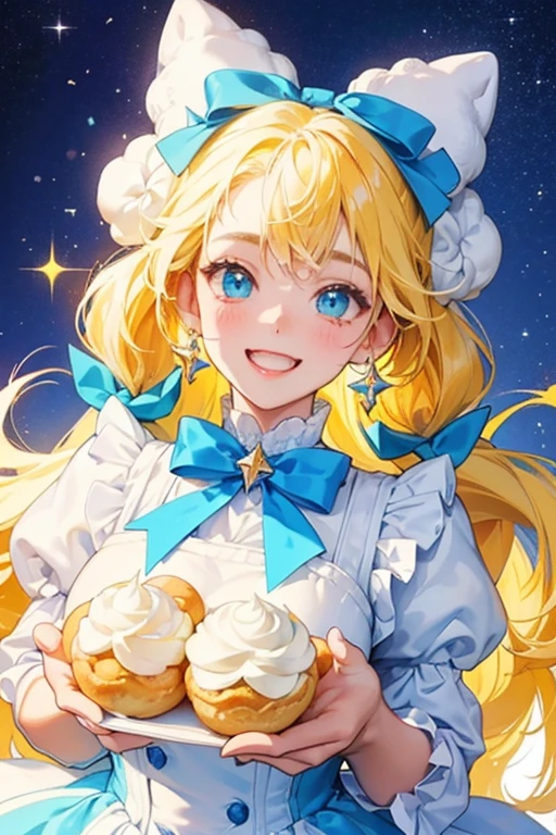 A cream puff cat filled with white cream, decorated with icing on top and sky blue, bubblegum, and yellow sprinkles. She makes an excited expression and wears a sky blue bow. SPARKLE; GLITTER