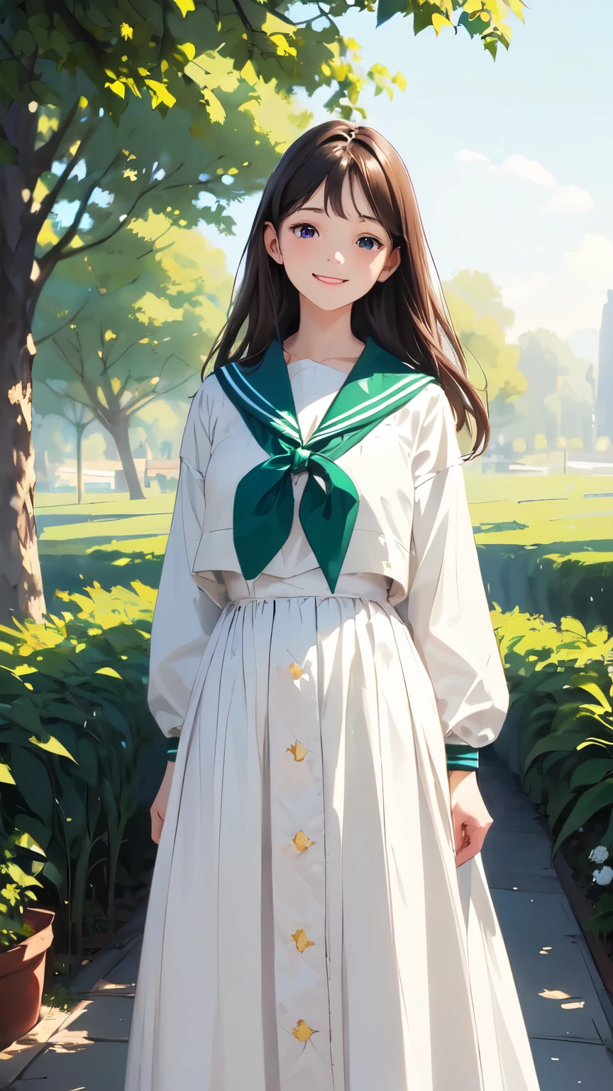 (One woman standing、Full body portrait photography、Wearing 、White long sleeve sailor suit、White long skirt、Dark green sailor collar、high school student)、Detailed facial depiction、A kind smile、Beautiful dark brown hair、Vintage、Classic、(No background)、(White Background)、Watercolor of singer Sargent、Impressionist style painting、(Highest quality, masterpiece, High resolution)、4K、wallpaper、