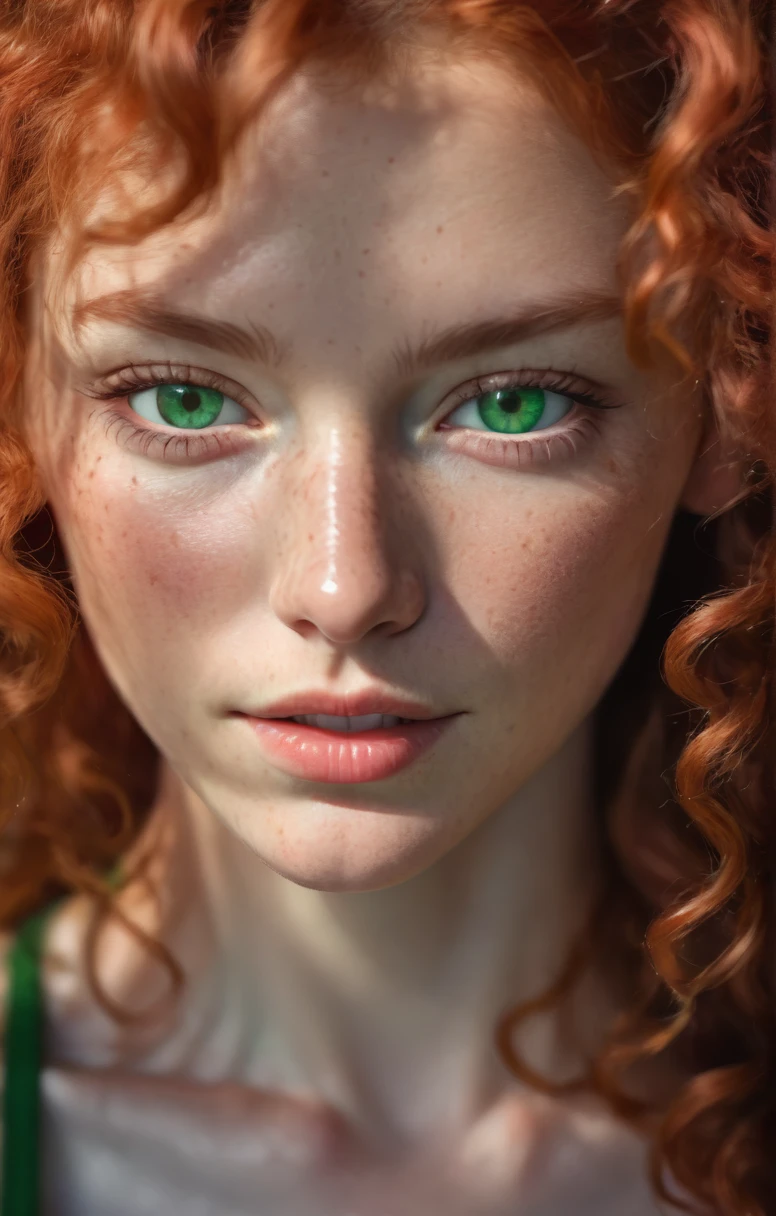 A superb photo of a Beautiful woman with curly red hair and green eyes, dans la jeune vingtaine, natural light, peau claire avec taches de rousseur, hyperdetailed face, ultra haute résolution, Photorealistic; True-to-life picture, natural skin, 8k,HDR, best quality, emerald green eyes, shadows real, Photorealistic, textured skin, detailed skin pores,
