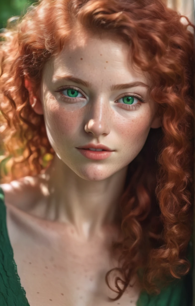 A superb photo of a Beautiful woman with curly red hair and green eyes, dans la jeune vingtaine, natural light, peau claire avec taches de rousseur, hyperdetailed face, ultra haute résolution, Photorealistic; True-to-life picture, natural skin, 8k,HDR, best quality, emerald green eyes, shadows real, Photorealistic, textured skin, detailed skin pores,
