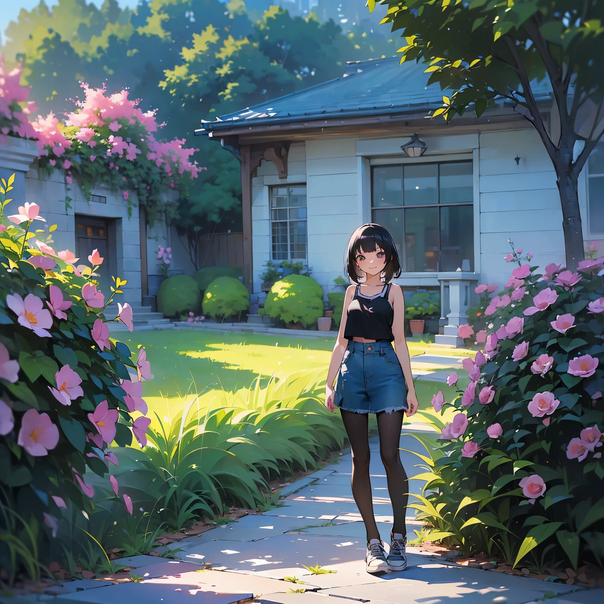 (high quality, High resolution, Very detailed, reality:1.37), Peaceful atmosphere, (Outdoor, garden), Teenage girl standing alone, (my breasts are big.), Beautiful details, Cute Smile, (Black bob hair), camisole, Denim skirt, Black tights, sneakers.