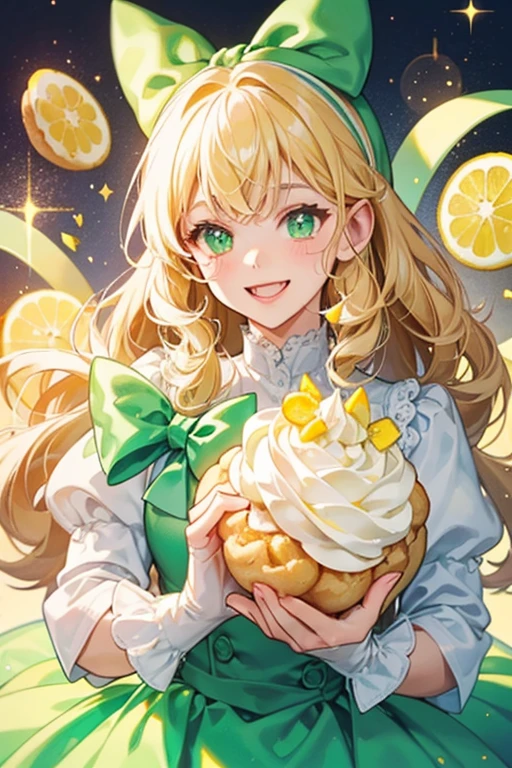 A cream puff cat filled with lemon cream, decorated with icing on top and white sprinkles. she makes an excited expression and wears a green bow. SPARKLE; GLITTER