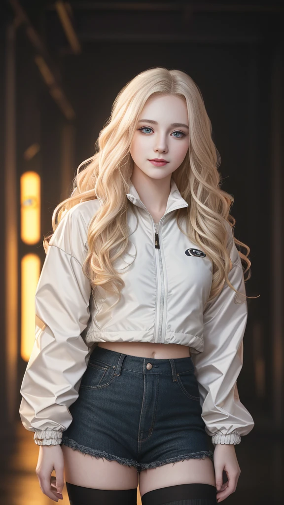 A teenage girl with a beautiful face, long wavy blond hair, (pale skin:1.2 ), mysterious smile, bright and piercing eyes. Wearing a windbreaker, styled by a fashion magazine. in the night city, hot, gorgeous, full body , perfect light perfect composition Beauty Award winning masterpiece Artstation 8 k Artgerm Mucha Dim Volumetric lighting Octane 18 k Beautiful detail rendering. post processing, portrait, exaggerated detail, complex, grand composition, cinematic lighting, masterpiece, trending art station, high detail, masterpiece, beautiful, 18k , HDR, smooth, sharp focus, high resolution
