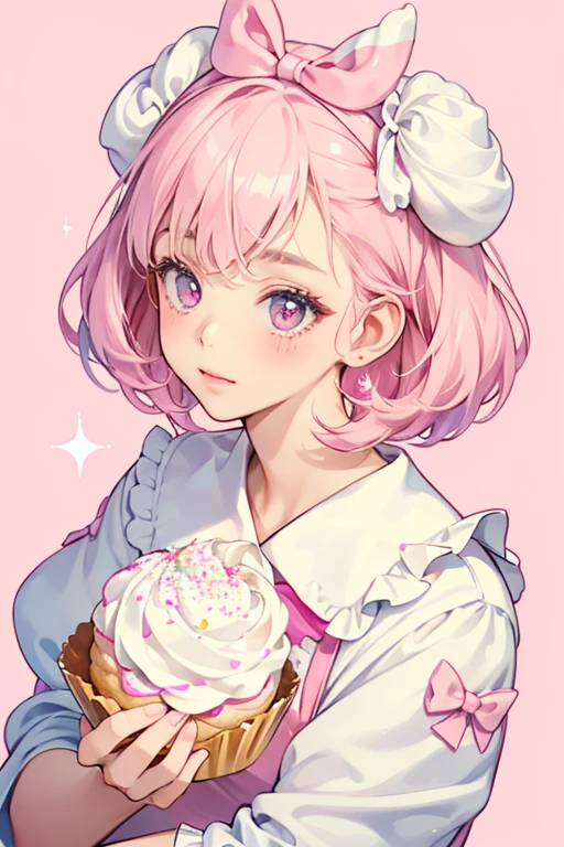 A baked cream puff dog filled with vanilla cream that partially seeps out. She has a basic expression. Her head is covered in pastel pink icing decorated with hot pink sprinkles, and on one ear is a white bow. SPARKLE; GLITTER