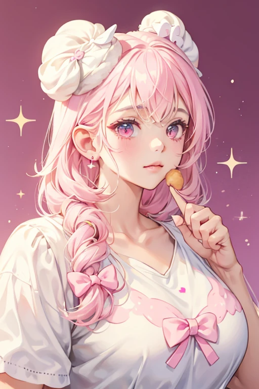 A baked cream puff dog filled with vanilla cream that partially seeps out. She has a basic expression. Her head is covered in pastel pink icing decorated with hot pink sprinkles, and on one ear is a white bow. SPARKLE; GLITTER