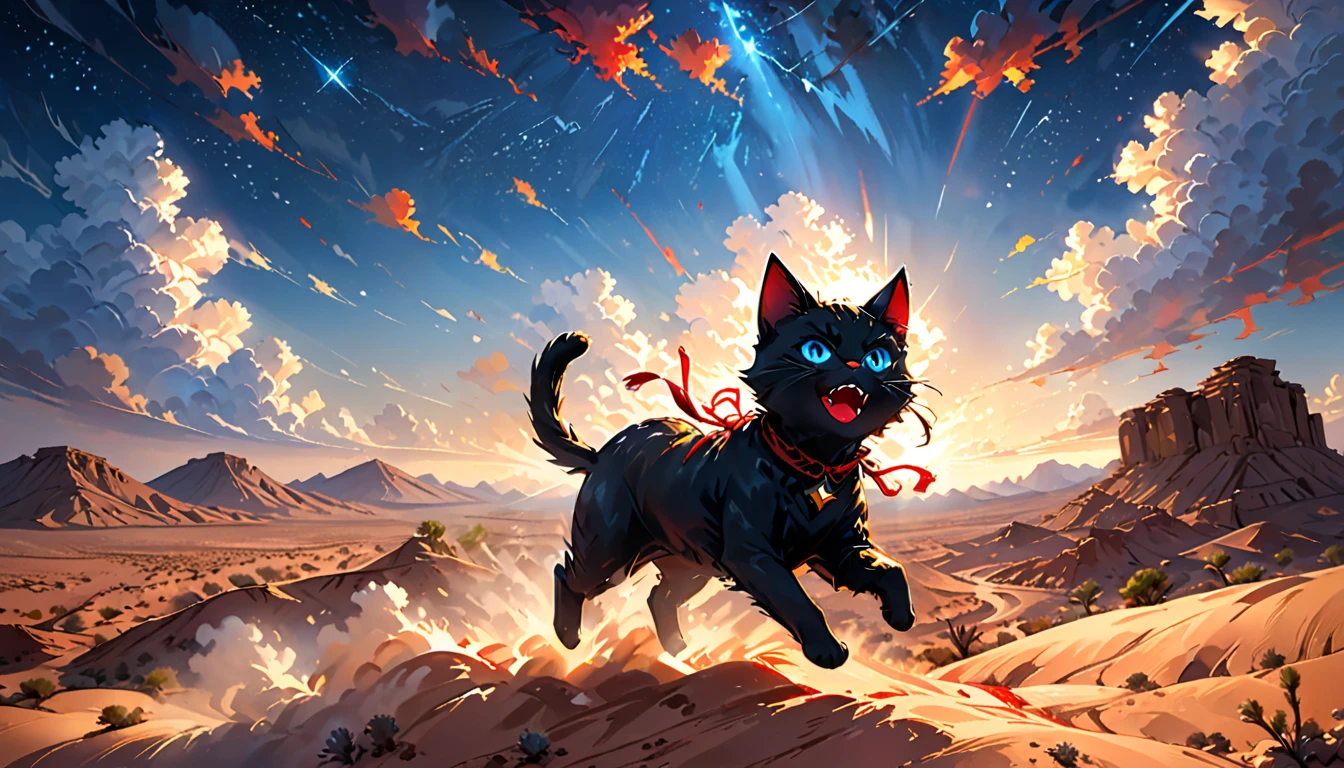 Humorous, cartoon style, thick lines, children's picture book illustration, bright colors, sSuddenly, in the night sky above the desert, dark clouds gather, blotting out the clear starry sky. A huge black cat with shining blue eyes appears above the clouds, riding on a dark cloud floating in the air, opening its red mouth, and rays of light shoot out from its eyes, hitting the desert, dramatic, digital painting, award winning, stunning, masterpiece, 8k, HDR, photorealistic