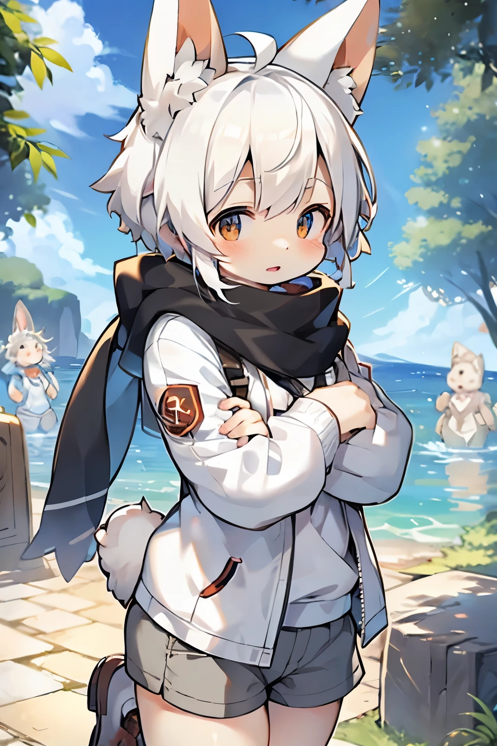 Gray rabbit girl,Bunny ears,Furry girls,Female infant characteristics,Gray skin,Black Arm,Gray hair,scarf,Short skirt,Dwarf rabbit boy,Bunny ears,Furry boys,Baby characteristics,White skin,White Arm,White hair,Brave Suit,shorts,Sister and brother,Embrace,Town Background