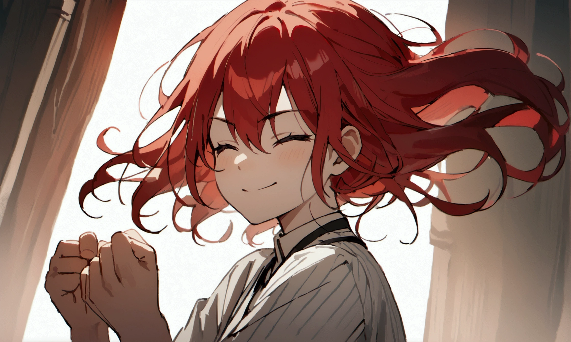 Smile, red hair, clenched fists, white shirt, closed eyes