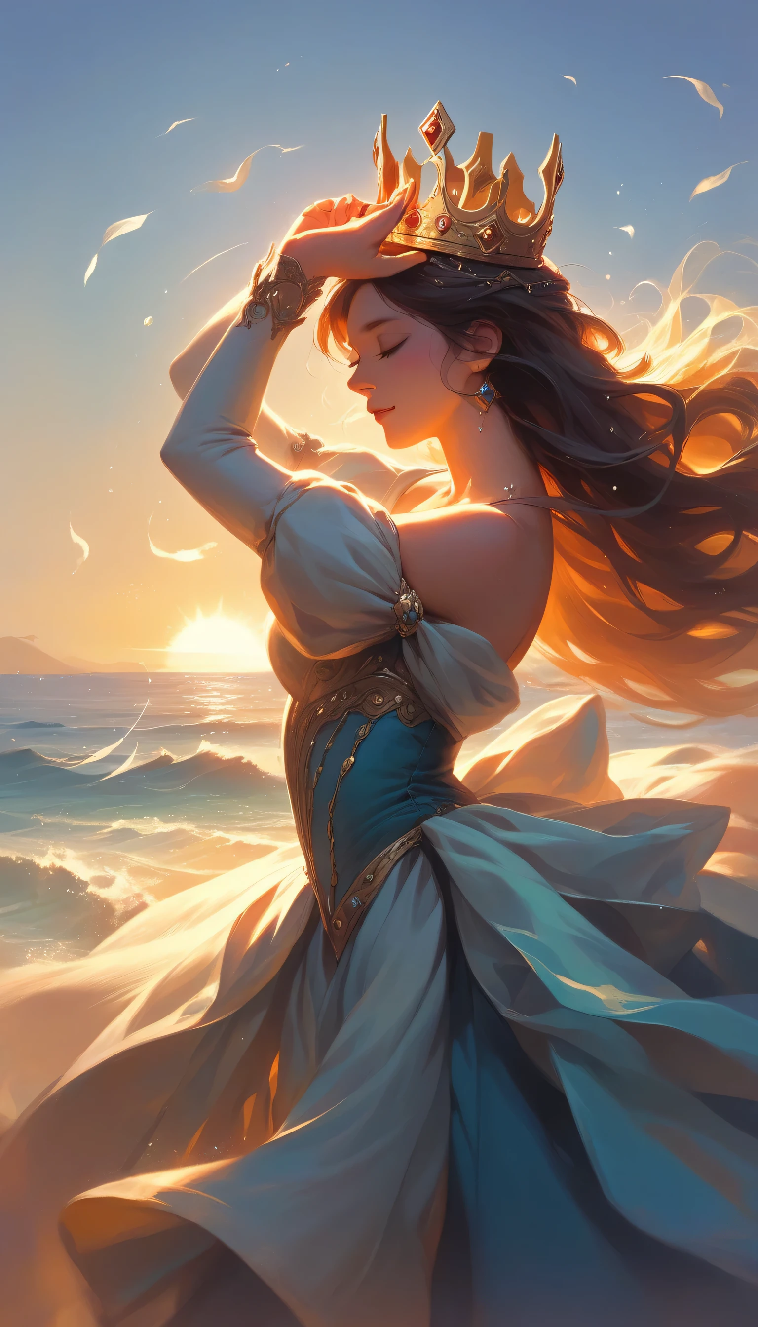 A beautiful glorious woman, 8K Ultra HD, the apple crown 8K Ultra HD, ultra-realistic, In the gentle embrace of the tranquil waters, behold a mesmerizing spectacle - the ripples dancing in perfect harmony, converging into the shape of a crown, Each droplet, like a painter's brushstroke, contributes to this exquisite masterpiece of nature's artistry, The crown-shaped pattern shimmers with a mesmerizing radiance, reflecting the sun's golden hues and the azure of the sky above, As the waves gently caress the shore, the crown's form remains fleeting, yet etched forever in the memories of those fortunate enough to witness this enchanting sight, The water's embrace creates a symbol of love and serenity, reminding us of the profound beauty and magic that nature can bestow upon us, by yukisakura, highly detailed,
