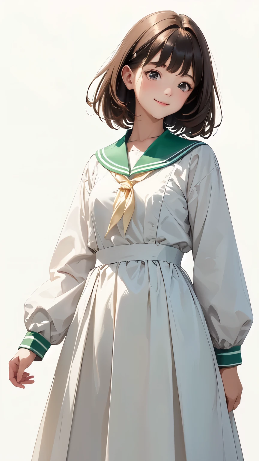 (One woman standing、Full body portrait photography、Wearing 、White long sleeve sailor suit、White long skirt、Dark green sailor collar、high school student)、Detailed facial depiction、A kind smile、Beautiful dark brown hair、Vintage、Classic、(No background)、(White Background)、Watercolor of singer Sargent、(Highest quality, masterpiece, High resolution)、4K、wallpaper、