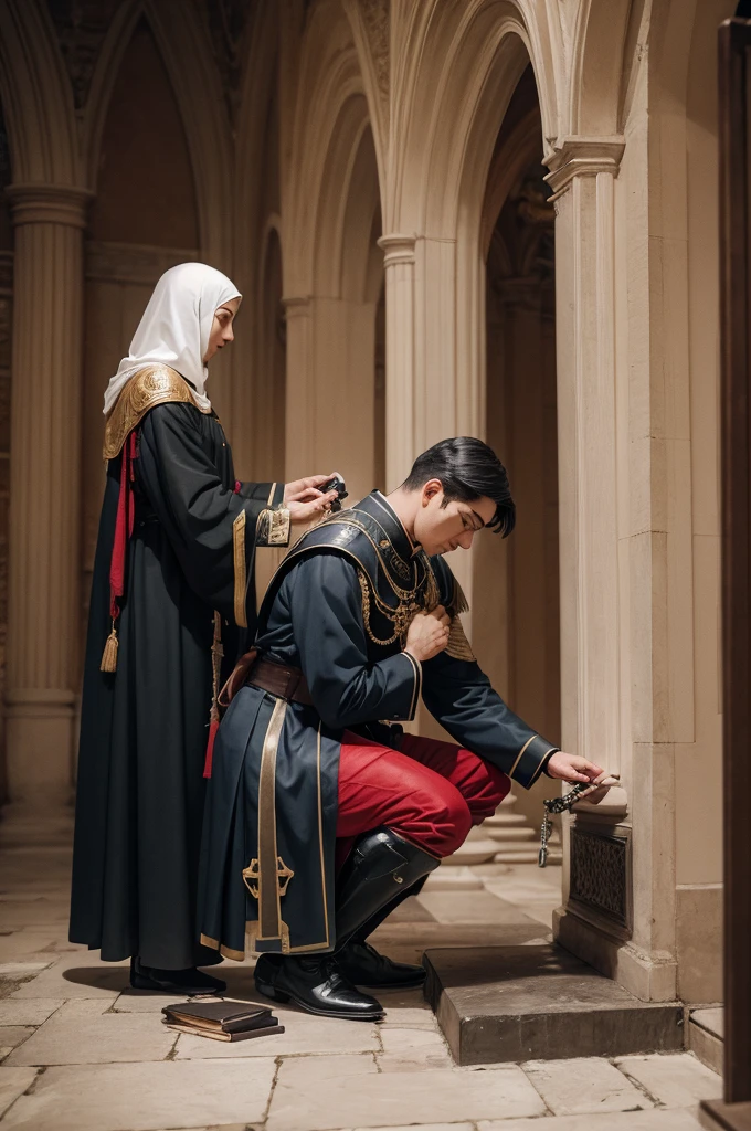 Universal knight on his knees at the foot of a cross