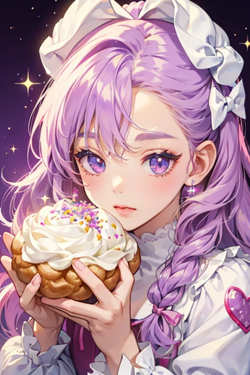 A baked cream puff dog filled with lavender cream that partially seeps out. She has a basic expression. Her head is covered in purple, glittery icing decorated with white sprinkles, and on one ear is a raspberry bow. SPARKLE; GLITTER