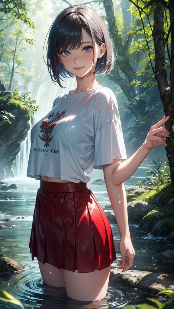 High quality, masterpiece, detailed illustration style, forest and river background, standing, model pose, one woman, wet body clothes hair, glossy red lips, blue topaz eyes, slanted eyes, silver short hair, closed mouth, smiling face, loose t-shirt, mini flare skirt