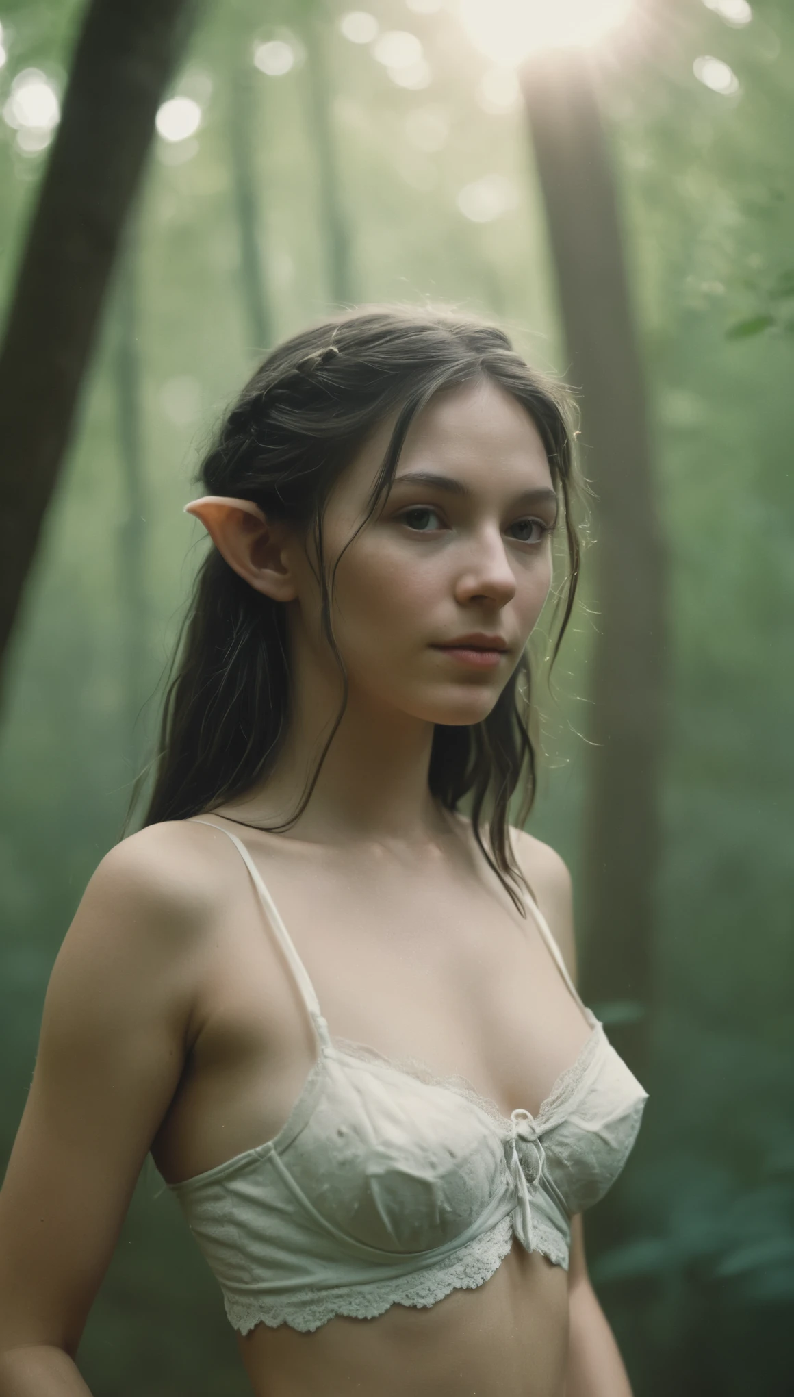 analog film photo, photo of a young elf girl, 18 years-old, elf, elf ears, long pointy ears, dark shaggy hair, sun-kissed complexion, goosebumps, pretty, natural beauty, tall, full hourglass figure, wearing a cotton bralette, posing in a misty forest, resembles a young Cate Blanchett, RAW Photograph, dslr, soft lighting, high quality, film grain, Fujifilm XT3, detailed skin with visible pores, insane details, masterpiece, 8k, 35mm photograph, dslr, kodachrome, faded film, desaturated, grainy, vintage, Lomography, stained, highly detailed, found footage, close-up shot, elven ears