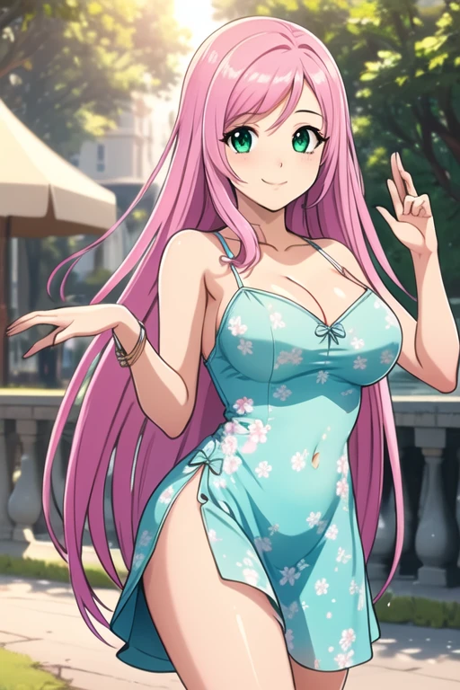 1 girl, 19 years old, Long pink hair, green eyes with slit pupils, master-piece, best quality, (standing up), (short dress), (floral, spaghetti strap, short blue summer light pink dress, no slit), (Big , ultra gigantic , Super super big, Glamorous body), Make eye contact with the camera, front figure, looking forward, (light_Smile:1.5), (Detailed hands and fingers:1.2) (In the sunny park), (FULL BODYSHOT), thighs thighs thighs thighs、beauty legs、Bare legs
