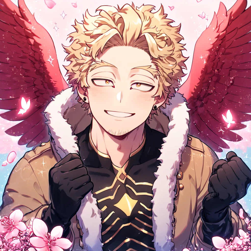 absurdres, highres, ultra detailed, HDR, master piece, best quality, Hawks, ash-blonde hair, expressive golden-brown eyes, faint stubble, red wings, Boku No Hero Academia, solo, sexy man, handsome, sensual, horny, smile, brown jacket with fur collar, black tight shirt with patterns, black gloves, red piercing, water, fantasy, magical, shining, pink flowers, pink blossoms, pink petals, pink butterflies, sparkling glass