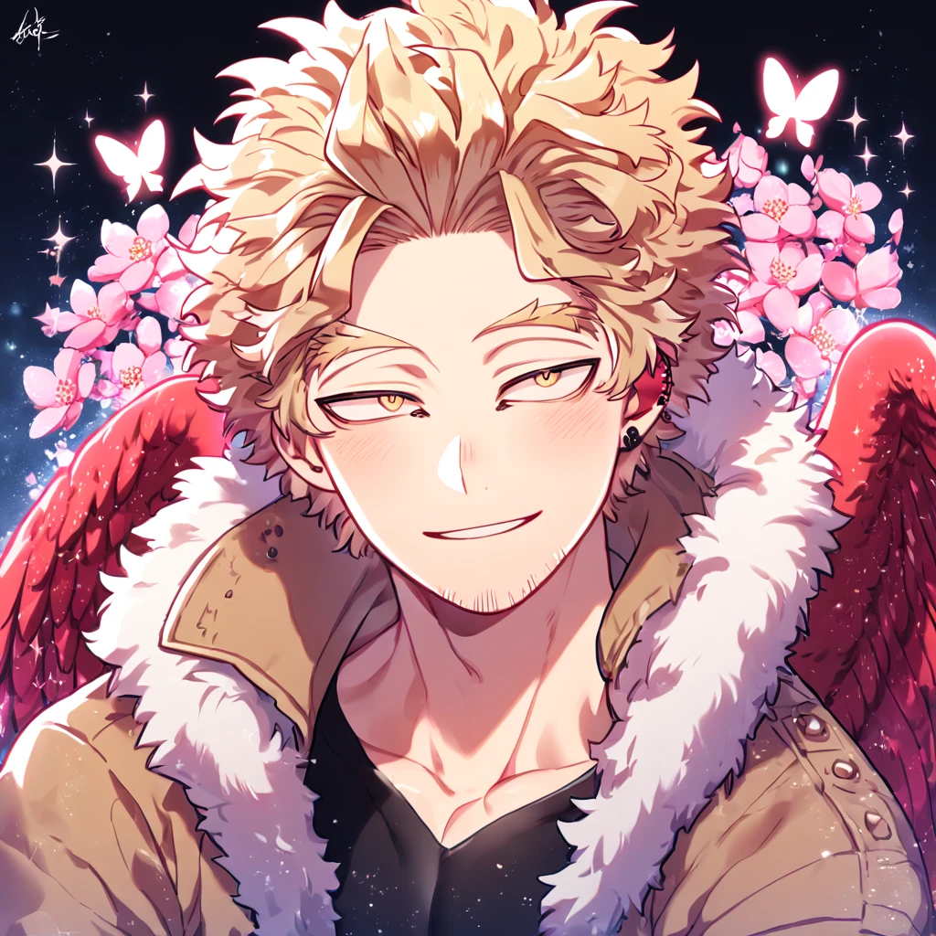 absurdres, highres, ultra detailed, HDR, master piece, best quality, Hawks, ash-blonde hair, expressive golden-brown eyes, faint stubble, red wings, Boku No Hero Academia, solo, sexy man, handsome, sensual, horny, smile, brown jacket with fur collar, black tight shirt with patterns, black gloves, red piercing, water, fantasy, magical, shining, pink flowers, pink blossoms, pink petals, pink butterflies, sparkling glass
