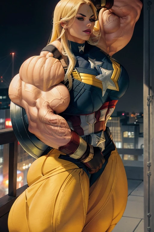 (((Close-up))), tall, (yellow hair) beautiful muscular Latino woman, long flowing hair, light brown skinned, (closed smile), large breast, (black lipstick), (massive muscles), (hyper muscle), (((ginormous bulky muscles))), Gray eyes, (((yellow captain America suit))), (Captain America pants), choker, boots, on the rooftop at night, 