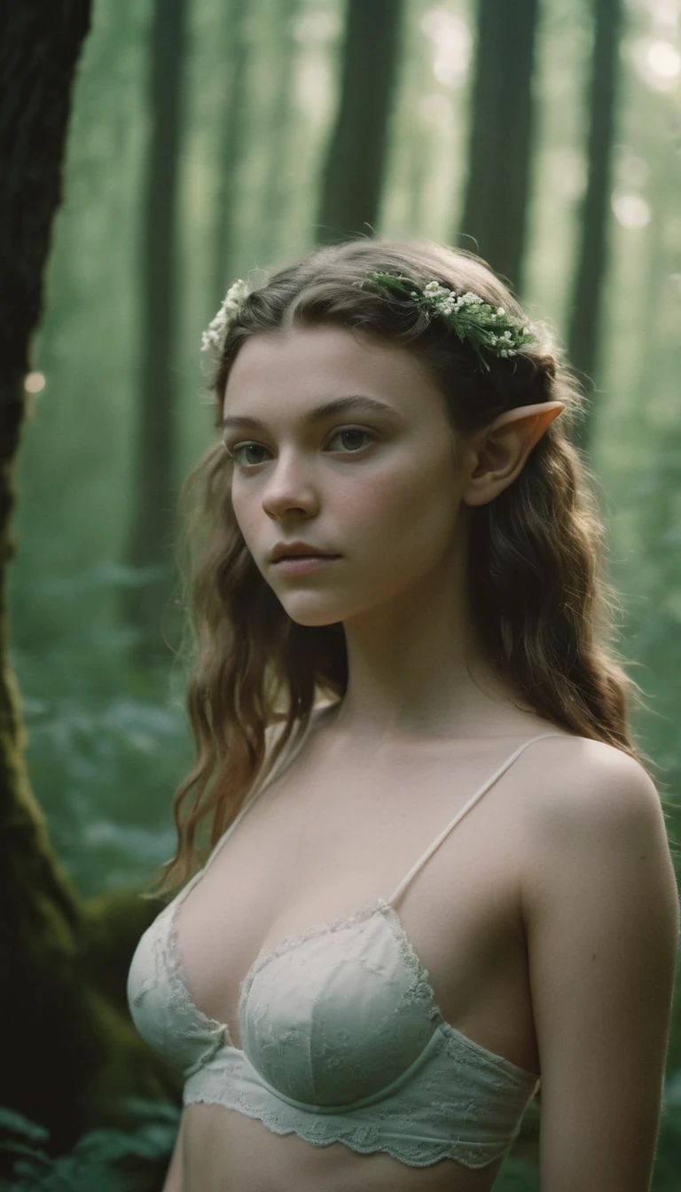 og film photo, photo of a young elf girl, 18 years-old, elf, elf ears, long pointy ears, dark shaggy hair, sun-kissed complexion, goosebumps, pretty, natural beauty, tall, full hourglass figure, wearing a cotton bralette, posing in a misty forest, resembles Natalie Dormer, RAW Photograph, dslr, soft lighting, high quality, film grain, Fujifilm XT3, detailed skin with visible pores, insane details, masterpiece, 8k, 35mm photograph, dslr, kodachrome, faded film, desaturated, grainy, vintage, Lomography, stained, highly detailed, found footage, close-up shot, elven ears