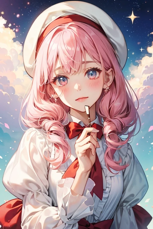 A pale eclair bear with her head covered in chocolate syrup or icing, along with a white swirling drizzle and a glittery red beret. she has no mouth and light pink blushed cheeks. she wears a small sky blue bow-tie. SPARKLE; GLITTER