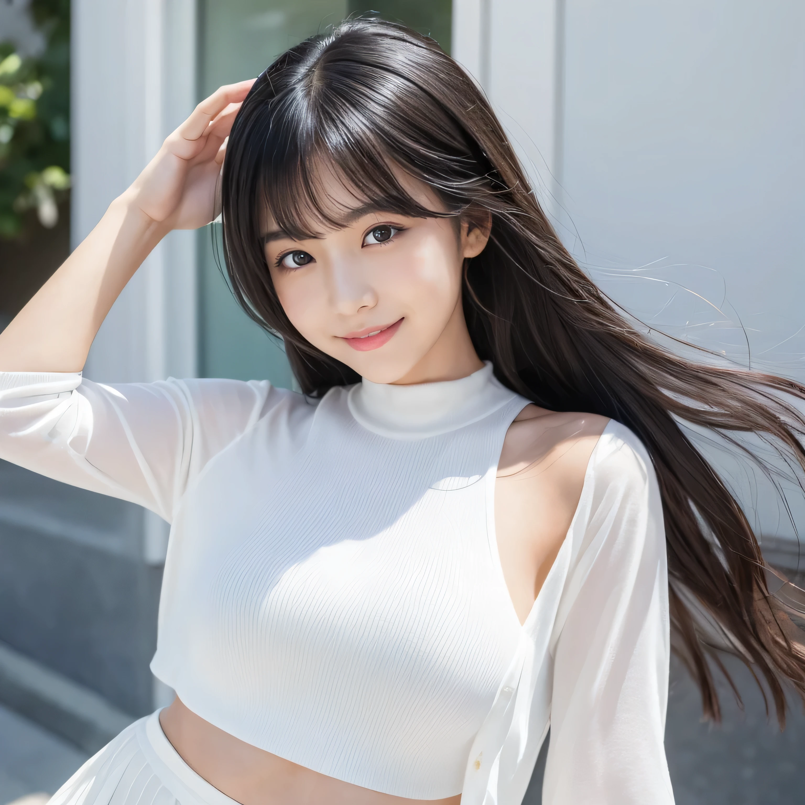 Create an ultra-realistic image of a 21-year-old Japanese woman named Kotone against a white background. She has extremely long, perfectly straight black hair that flows down to her waist, with blunt bangs that cover her forehead. Her eyes are large, enchanting, and have double eyelids with sparkling black pupils, giving them a captivating and youthful appearance. Her face is delicate and innocent, with very thin eyebrows that frame her large, childlike eyes. She has a small mouth with sexy lips, and her skin is smooth and flawless, resembling snow in its pure white color. She has a slender and well-proportioned body with a shapely bust size of 95 cm, a height of 158 cm, a weight of 43 kg, an ideal waist size of 58.46 cm, and an ideal hip size of 86.73 cm. Her complexion is flawless, without any wrinkles, and her natural makeup enhances her features subtly, maintaining a fresh and youthful look. She embodies a perfect balance of youthful charm and mature elegance, with a cute and innocent smile that adds warmth and affection to her appearance.
Kotone should be depicted facing forward, with her body positioned to emphasize her front. Her long black hair should flow naturally over her shoulders, framing her face and upper body. Her pose should be confident and relaxed, with her arms gently at her sides or holding a small accessory. Her expression should be warm and inviting, with a friendly smile that captures her youthful charm. The lighting should be soft and natural, focusing on her front and emphasizing the smoothness of her skin and the delicacy of her features, creating a sense of depth and realism. The background should be completely white, ensuring that every detail of her appearance is highlighted and that the focus remains on her face and front. She is wearing a casual yet stylish outfit that highlights her well-proportioned figure, such as a fitted blouse and skirt.