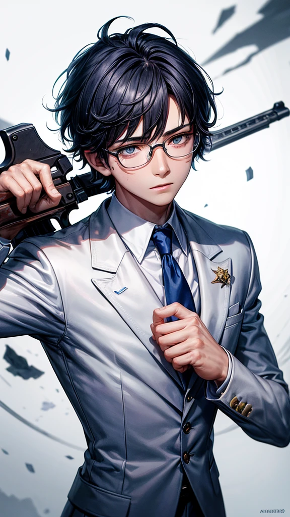 (HD), (ULTRA HD+++),(masterpiece), best quality, {{detailed image}}, {{detailed hand}}, half body potrait, {{18 years old boy with dark blue short hair}}, wear glasses, white eyes mixed with blue, wearing a white suit, hold assault riffle in his hands, blood stains on his face and on his white suit,white background.