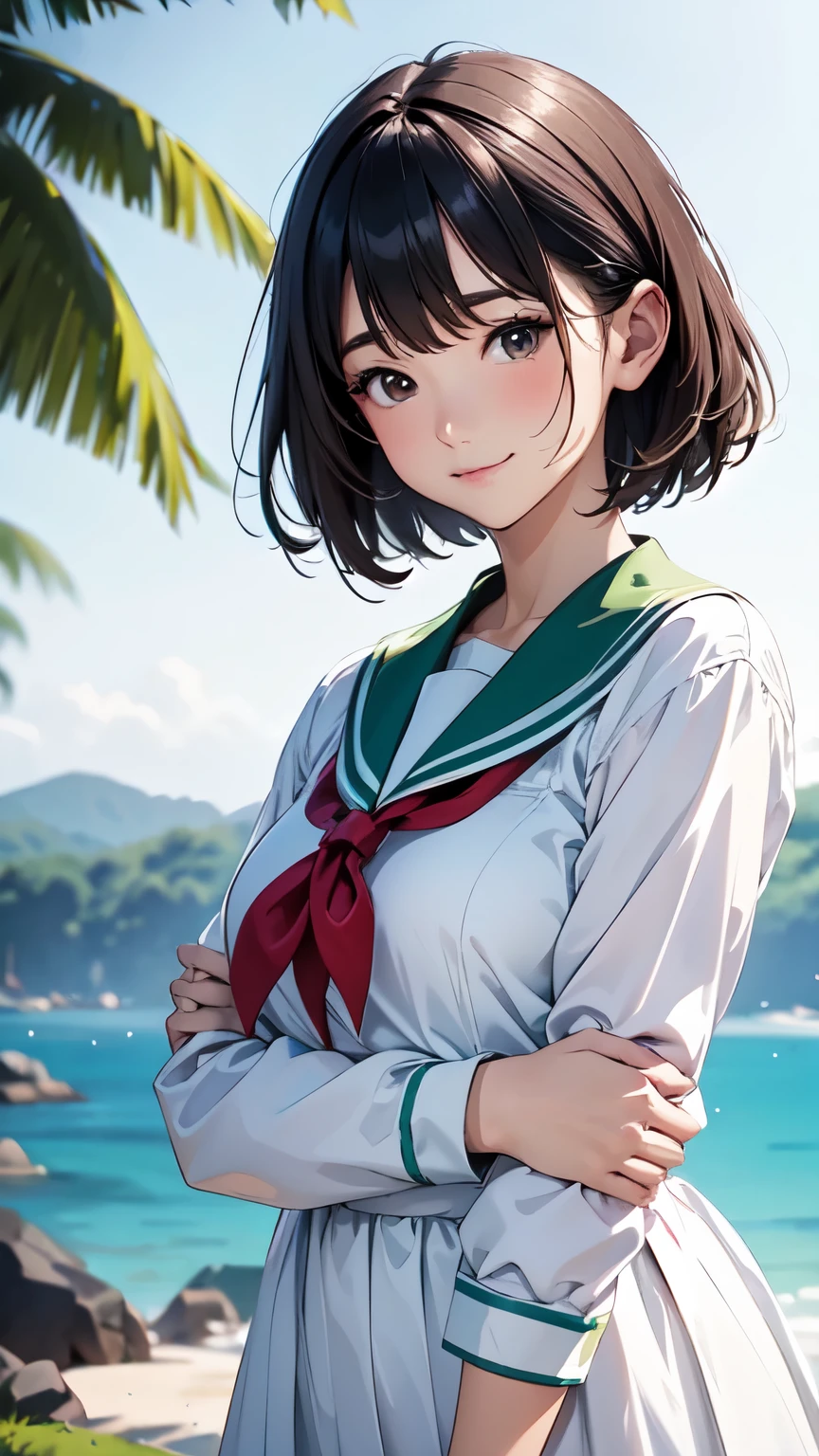 (One woman standing、Full body portrait photography、Wearing 、White long sleeve sailor suit、White long skirt、Green and black sailor collar、high school student)、Detailed facial depiction、A kind smile、Beautiful dark brown hair、Vintage、Classic、(No background)、(White Background)、Watercolor of singer Sargent、(Highest quality, masterpiece, High resolution)、4K、wallpaper、