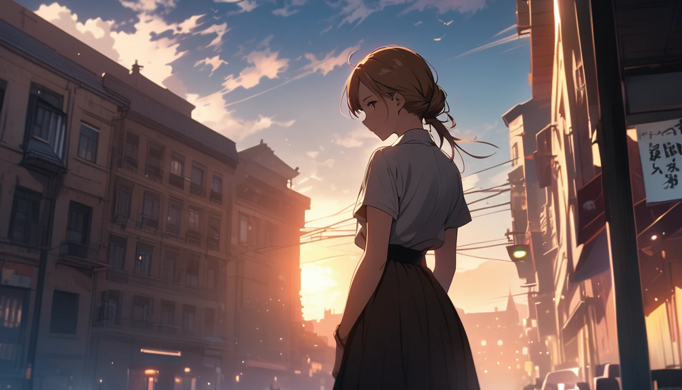 Highly detailed CG Unity 8k wallpaper), In town,Beautiful young woman in sunny weather, Complete back view,skirt, stand, Brush your hair up、full_body, dramatic, バックLight, Light, Volumetric Lighting, Simple Background
