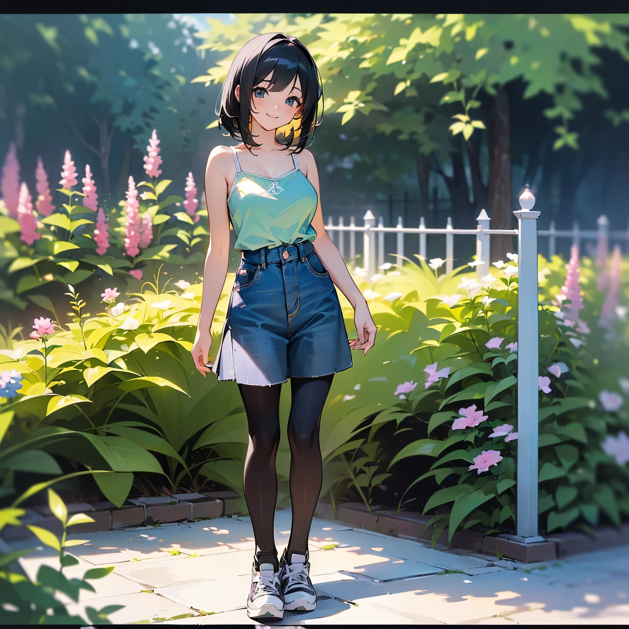 (high quality, High resolution, Very detailed, reality:1.37), Peaceful atmosphere, (Outdoor, garden), Teenage girl standing alone, (my breasts are big.), Beautiful details, Cute Smile, (Black bob hair), camisole, Denim skirt, Black tights, sneakers.
