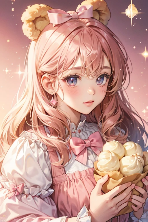 A brown cream puff bear filled with baby pink cream. Her head is glittery and she wears a raspberry bow. SPARKLE; GLITTER