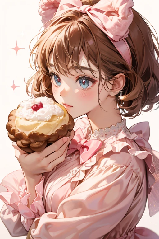 A brown cream puff bear filled with baby pink cream. Her head is glittery and she wears a raspberry bow. SPARKLE; GLITTER