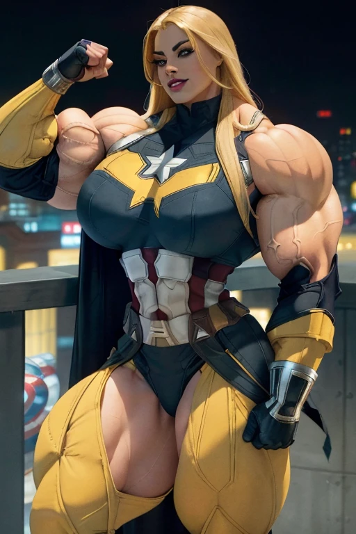 (((Close-up))), tall, (yellow hair) beautiful muscular Latino woman, long flowing hair, light brown skinned, (closed smile), large breast, (black lipstick), (massive muscles), (hyper muscle), ((ginormous bulky muscles)), Gray eyes, (((yellow captain America suit))), (Captain America pants), choker, boots, on the rooftop at night, 