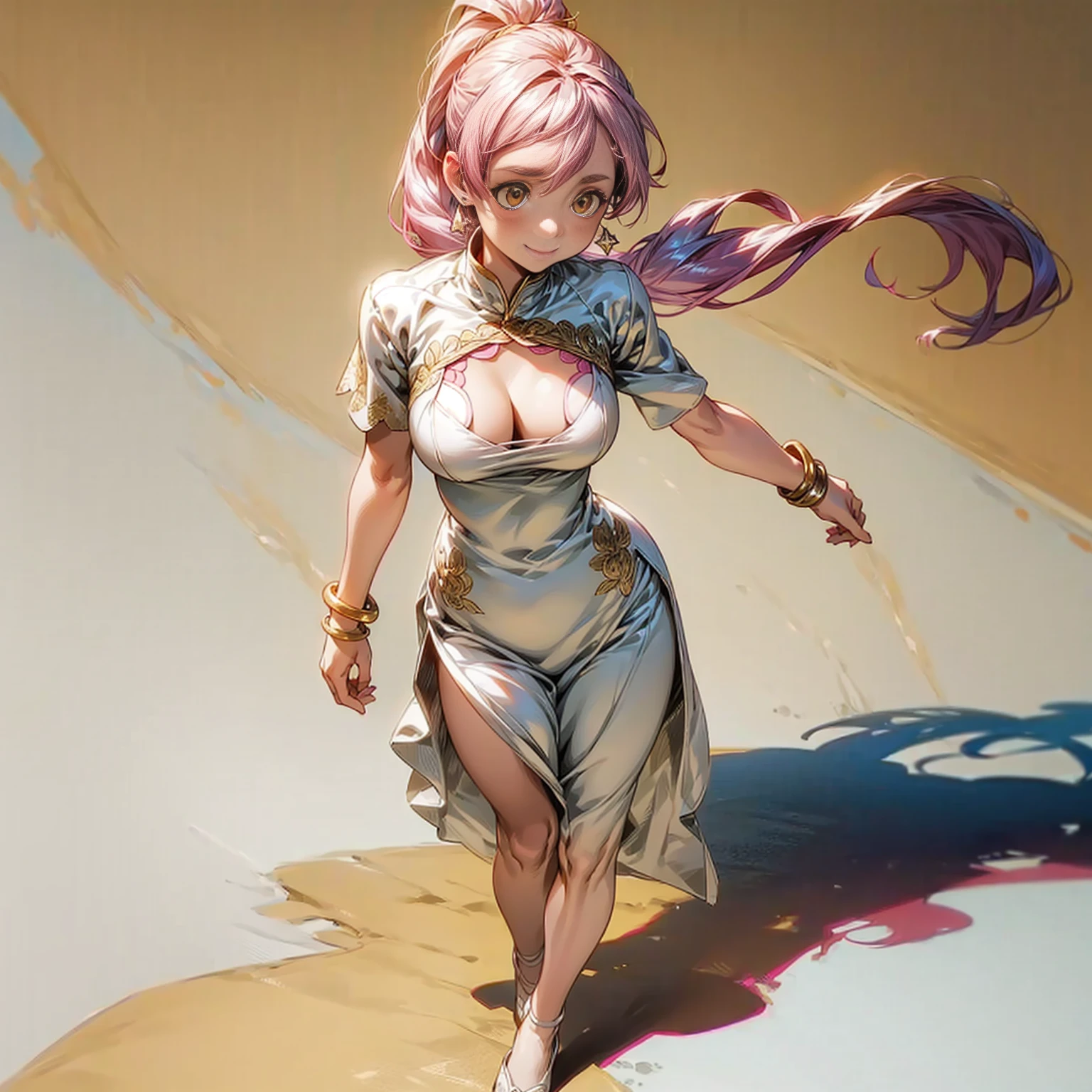 Solo character, full body version, young girl, pink color hair, brown eyes, long hair, long ponytail, white lingerie dress, Floral embroidered dress, Diamond earrings, gold bracelets, detailed shadow, white background, standing gesture, smile mouth, sad eyes, big breast