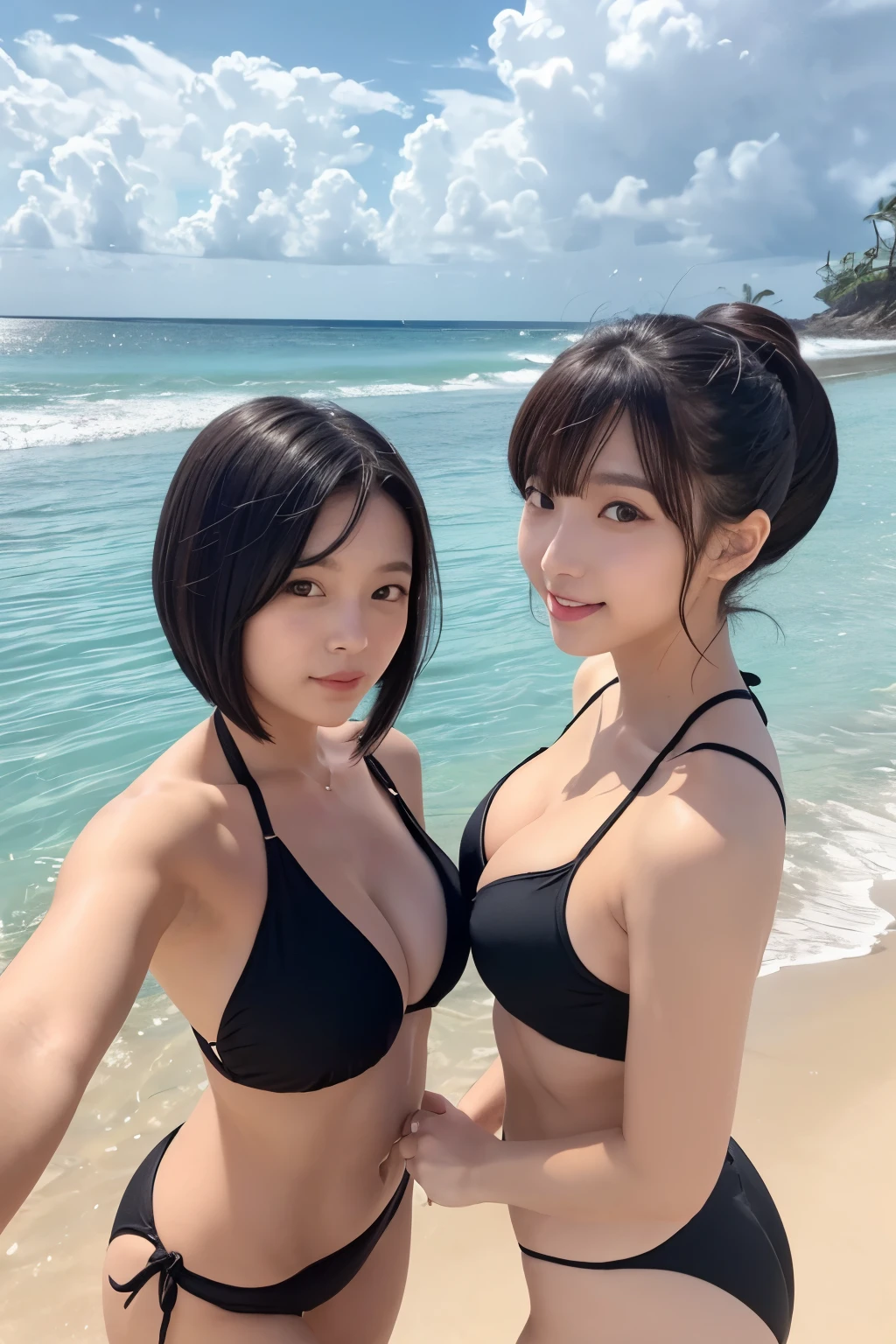 Sea and sandy beach in the background、Selfie of two busty beautiful high school girls wearing erotic black swimsuits、One has a ponytail and the other has a bob hairstyle.