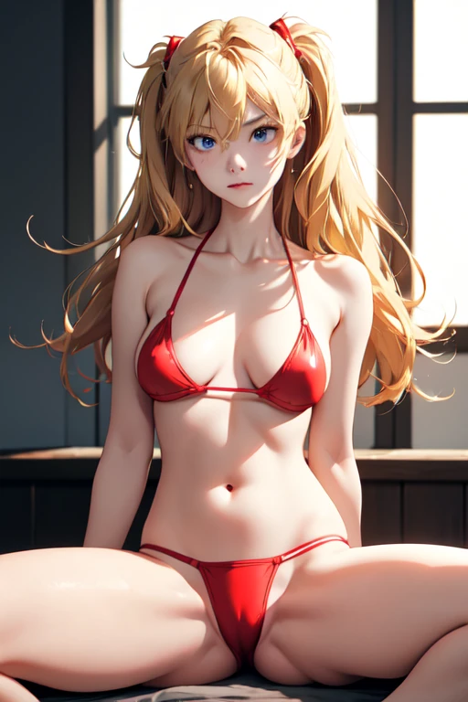 (masterpiece, best quality), 1girl, beautiful face, beautiful body, souryuu_asuka_langley, hair between eyes, solo, bright expression, natural small breast, cleavage, slim, thin, tall, blonde reflected light, red bikini, collarbone, silky shiny skin, see through nipple, high resolution, sitting, perfect detailed anatomy, perfect arms, perfect fingers, navel, spread legs, soft light