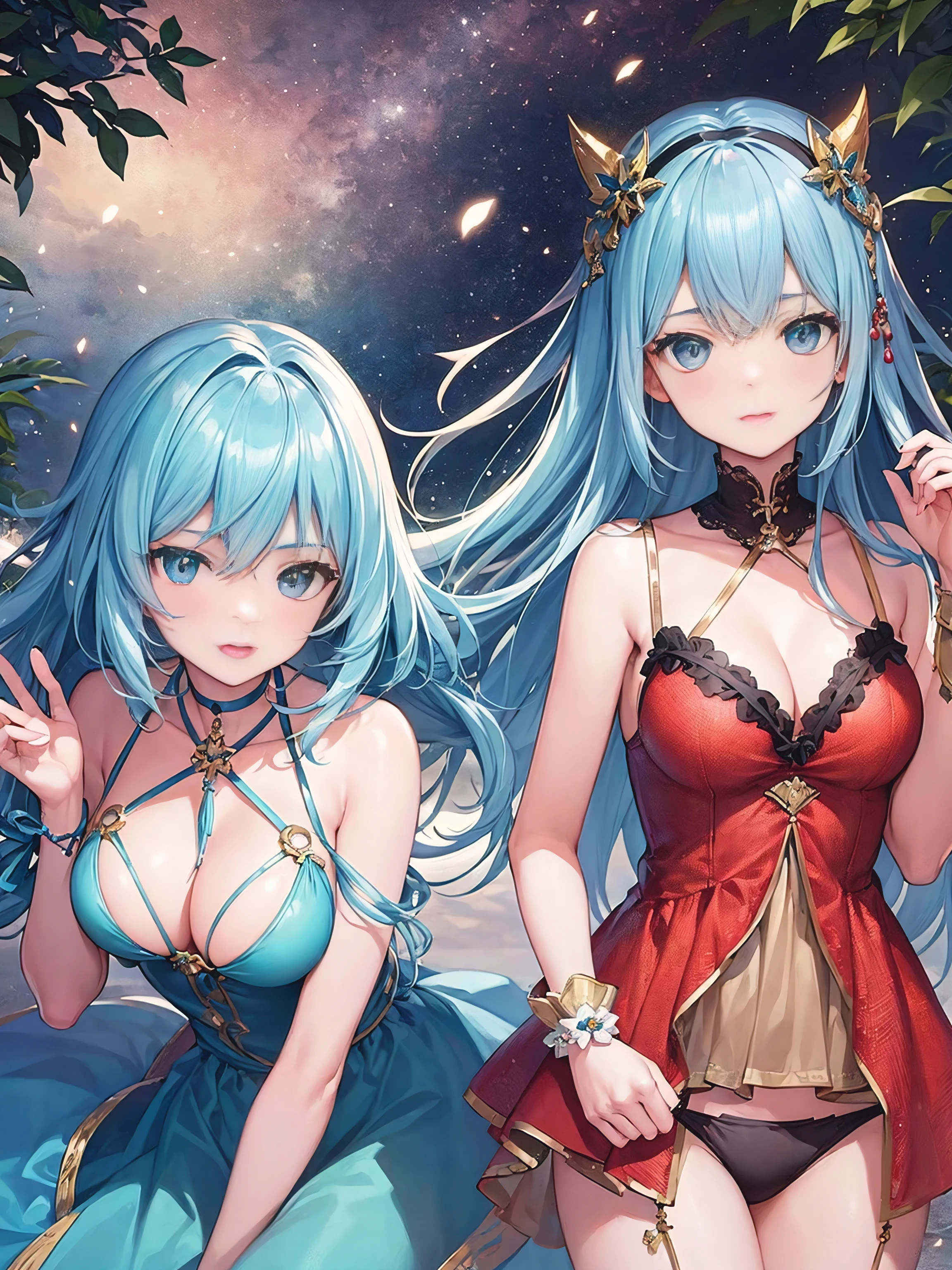 Create an anime-style illustration of a 17-year-old girl named Shizuka. She has long, straight, blue hair with bangs cut straight across her forehead. She has large, almond-shaped silver-blue eyes and porcelain-like white skin. Shizuka often wears glasses.(Highest quality:1.4), (super high quality), (Very detailed)Emerald Blue Sea、Sandy Beach、、Very small micro bikini、High and small nose、Long Hair