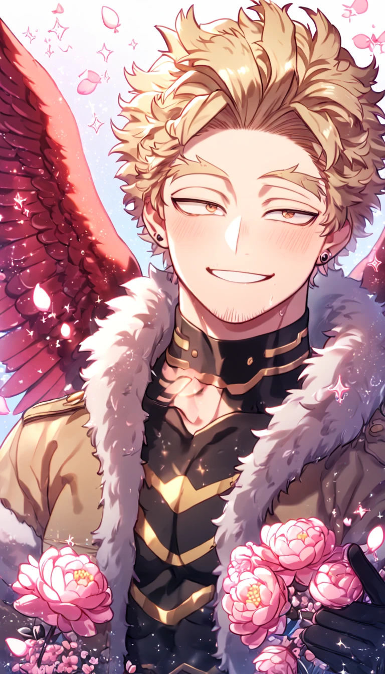 absurdres, highres, ultra detailed, HDR, master piece, best quality, Hawks, ash-blonde hair, expressive golden-brown eyes, faint stubble, red wings, Boku No Hero Academia, solo, sexy man, handsome, sensual, horny, smile, brown jacket with fur collar, black tight shirt with patterns, black gloves, red piercing, water, fantasy, magical, shining, pink flowers, pink blossoms, pink petals, pink butterflies, sparkling glass