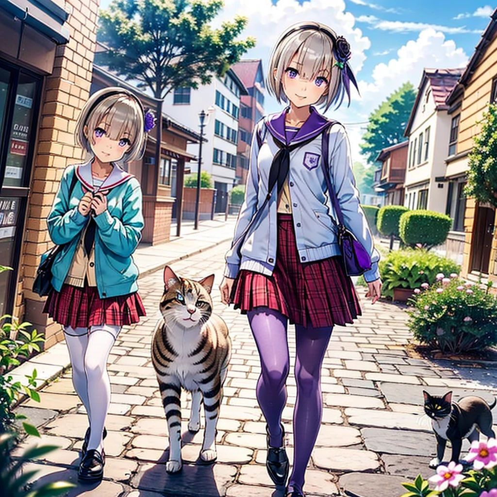 Absurd, Very detailed,Bright colors,(8k:1.5),Masseter region,Bright landscape, blue sky、Beautifully detailed face and eyes,(Purple eyes:1.4) 、Pink Skin、Summer Morning、Back alleys filled with flowers、(solo),(Cat Pose),smile,skirt、pantyhose、short hair、Plaidskirt、Plaid、Purple Eyes、、Ahoge、hair ornaments、loafers、プリーツskirt、白いpantyhose、neckerchief、Serafuku、赤いskirt、Long sleeve、Sailor collar、Gray Hair、