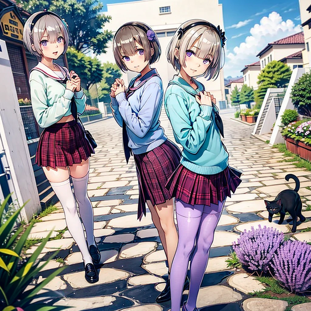 Absurd, Very detailed,Bright colors,(8k:1.5),Masseter region,Bright landscape, blue sky、Beautifully detailed face and eyes,(Purple eyes:1.4) 、Pink Skin、Summer Morning、Back alleys filled with flowers、(solo),(Cat Pose),smile,skirt、pantyhose、short hair、Plaidskirt、Plaid、Purple Eyes、、Ahoge、hair ornaments、loafers、プリーツskirt、白いpantyhose、neckerchief、Serafuku、赤いskirt、Long sleeve、Sailor collar、Gray Hair、