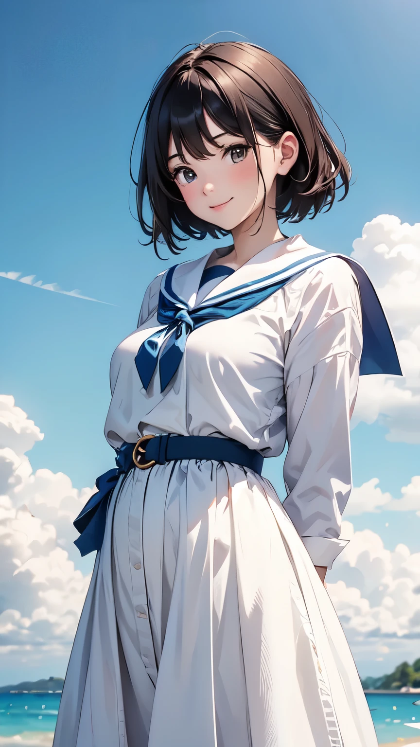 (One woman standing、Full body portrait photography、Wearing 、White long sleeve sailor suit、White long skirt、Blue-black sailor collar、high school student)、Detailed facial depiction、A kind smile、Beautiful dark brown hair、Vintage、Classic、(No background)、(White Background)、Watercolor of singer Sargent、(Highest quality, masterpiece, High resolution)、4K、wallpaper、