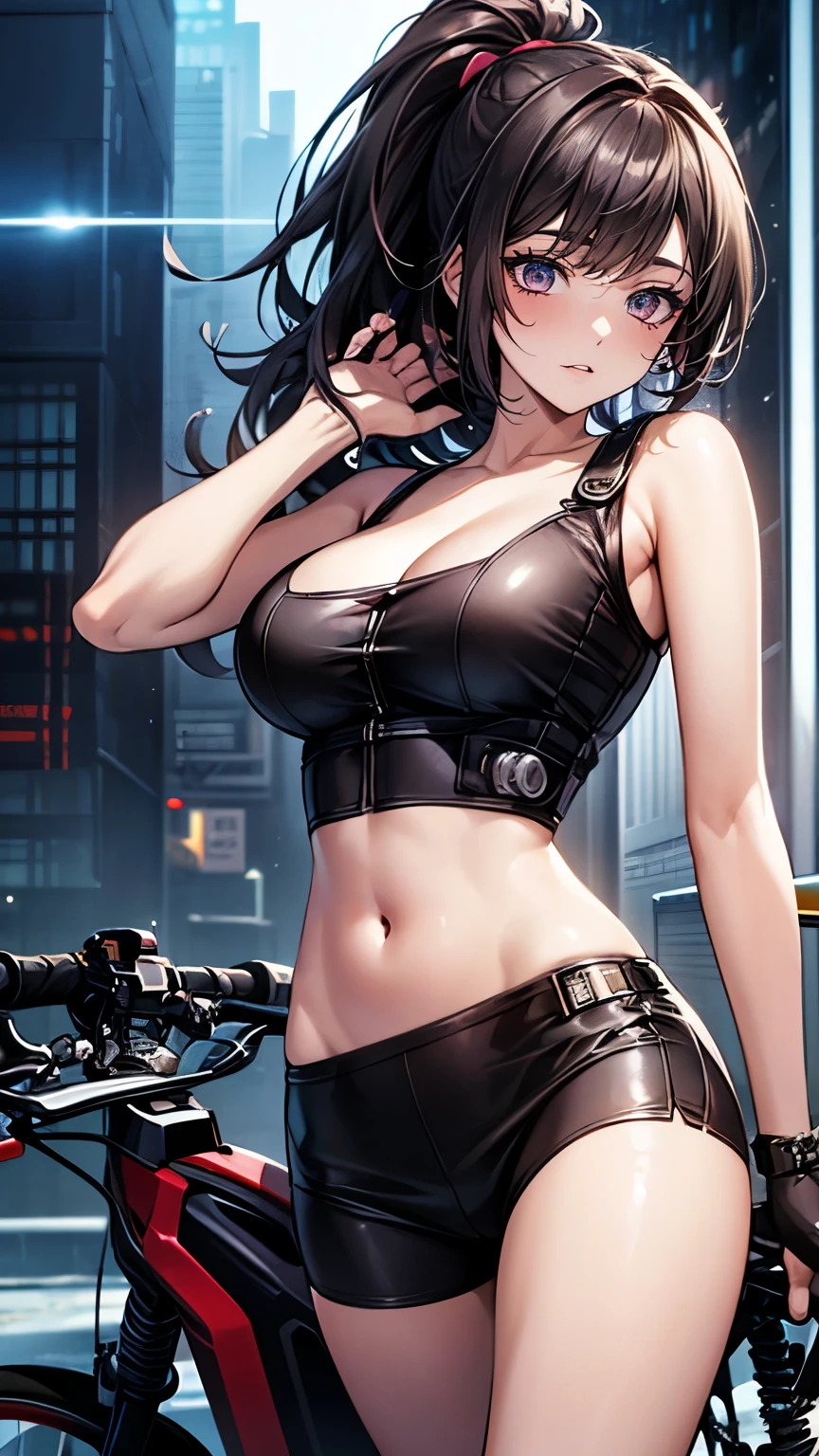 （Very delicate and beautiful：1.2）super model,,Beautiful breasts,voluptuous,【bike shorts】,,【3girls】,,Highest quality, High resolution, 8k,mini skirt.Three Girls.cyber punk.Mechanical Sword