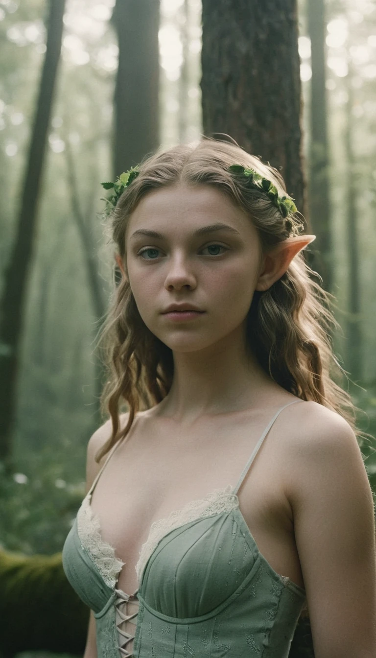 analog film photo, photo of a young elf girl, 18 years-old, elf, elf ears, long pointy ears, messy hair, sun-kissed complexion, goosebumps, pretty, natural beauty, tall, full hourglass figure, wearing a cotton bralette, posing in a misty forest, resembles Natalie Dormer, RAW Photograph, dslr, soft lighting, high quality, film grain, Fujifilm XT3, detailed skin with visible pores, insane details, masterpiece, 8k, 35mm photograph, dslr, kodachrome, faded film, desaturated, grainy, vintage, Lomography, stained, highly detailed, found footage, close-up shot, elven ears