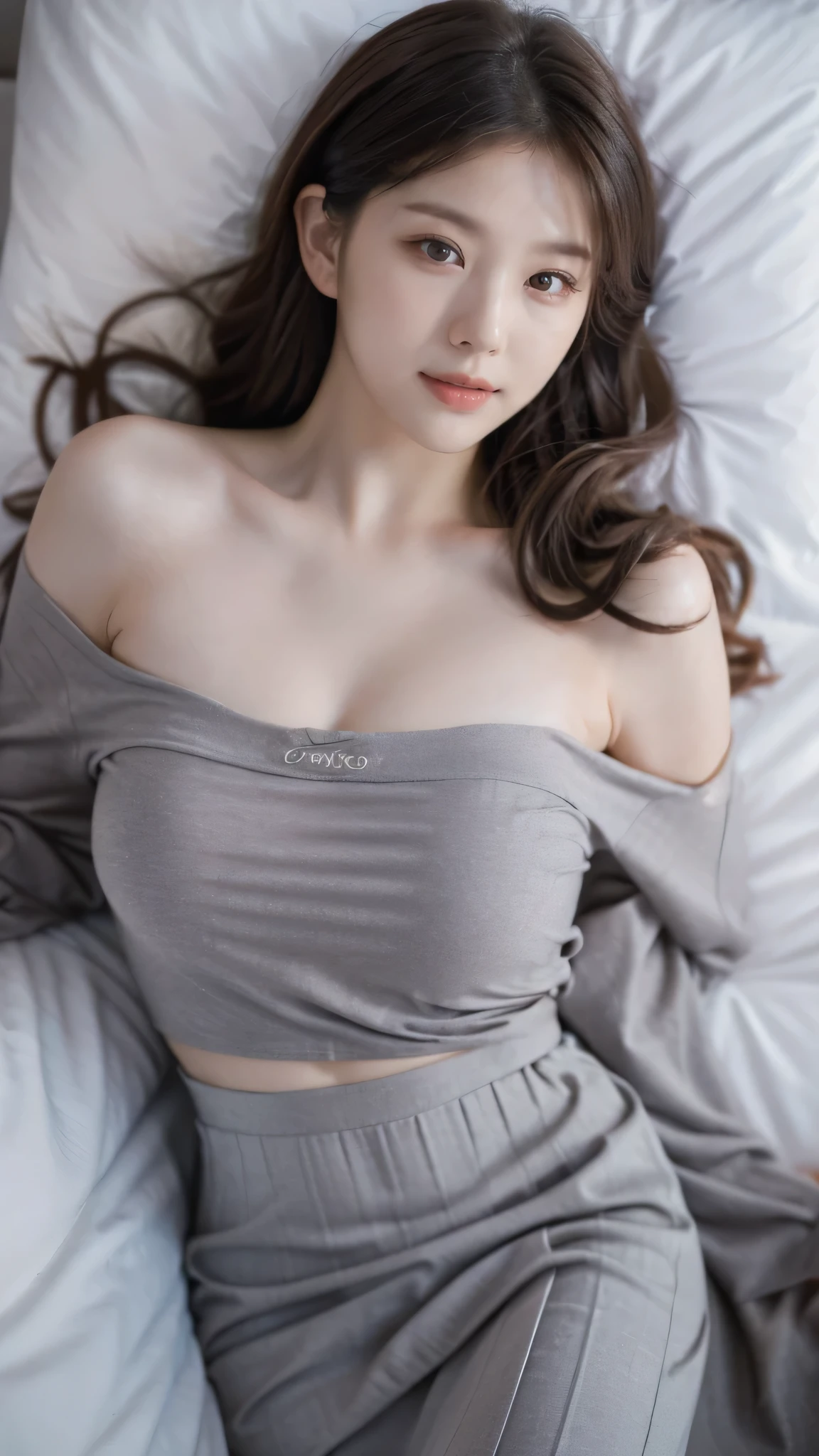 detailed background, masterpiece, best quality, 1 person , curly hair, long hair, purple eyes, star in eye , grey Strapless blouse, long  skirt, grey, tight , grey blouse , lying on bed ， big breast 